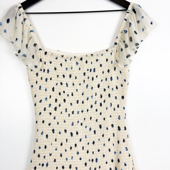 Wilfred Aritzia Eldorado Mini Dress Smocked Cream Navy Polka Dots - S - Picture 9 of 11